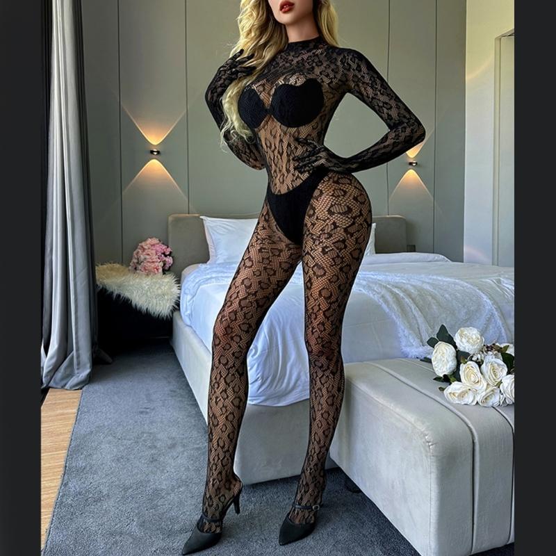 Women Leopard Fishnet Bodystocking Long Sleeve Bodysuit Sexy Hollow Out Mesh Tights Nightwear Erotic Lingerie Jumpsuit