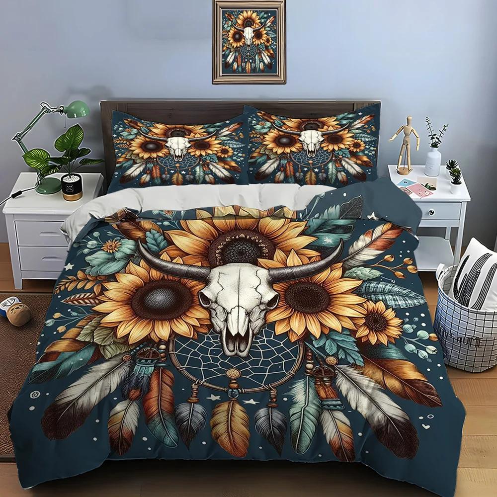 Native American Cattle Skull Art Print Bedding Set Duvet Cover 1 Duvet Cover 2 Pillowcases Adult and Kids Bedding Set Luxury