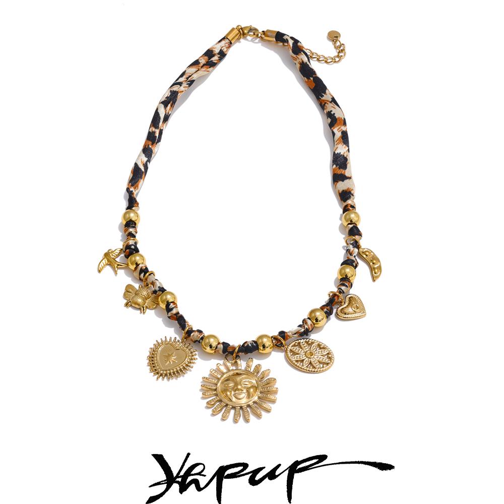 Yhpup Popular Stainless Steel Leopard Polyester Sun Flower Heart Insect Drop Collar Necklace PVD Plated Fashion Jewelry Gift