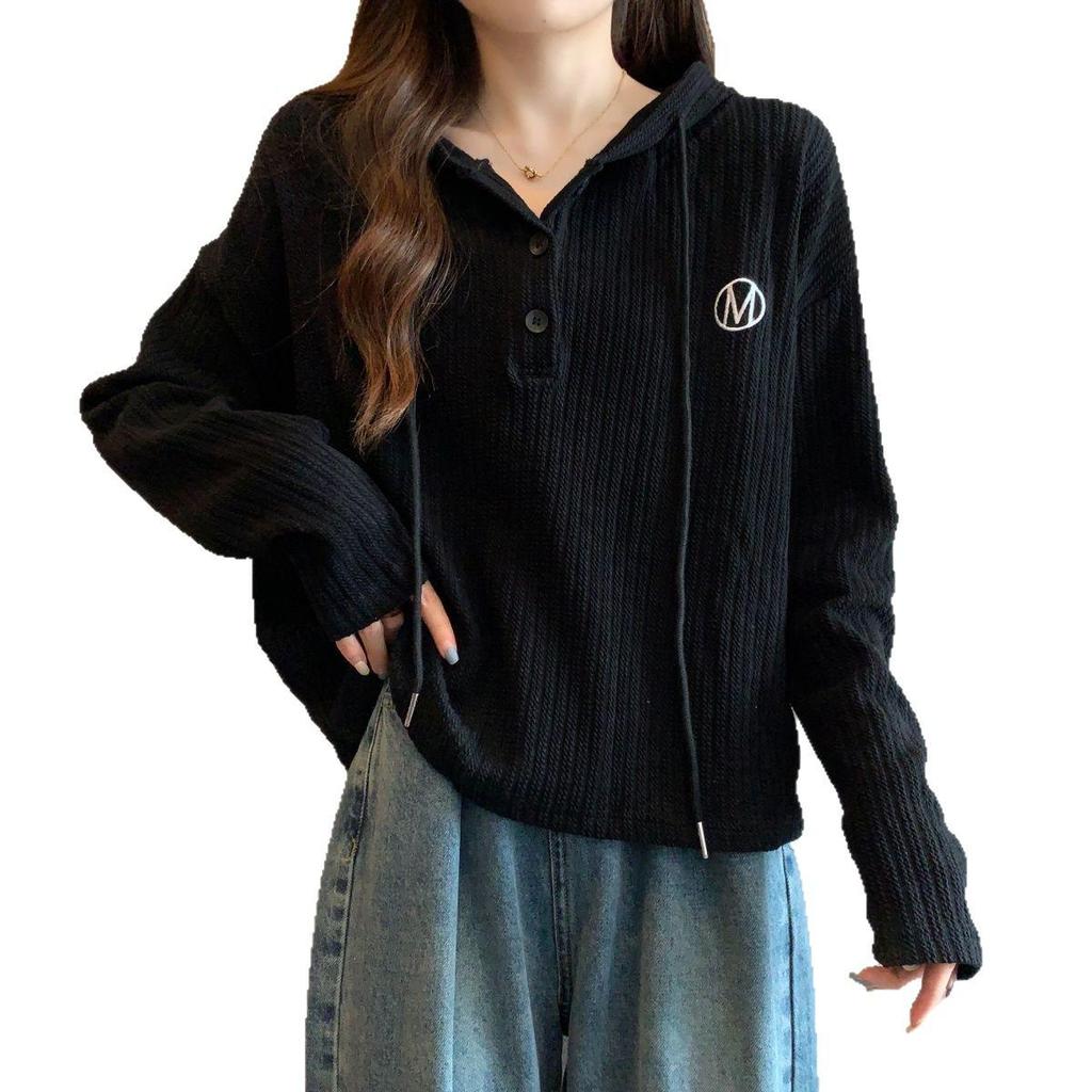 Plus Size Women's Hooded Button Long Sleeve T-shirt - 2025 Korean Style Slimming Top for Spring/Autumn