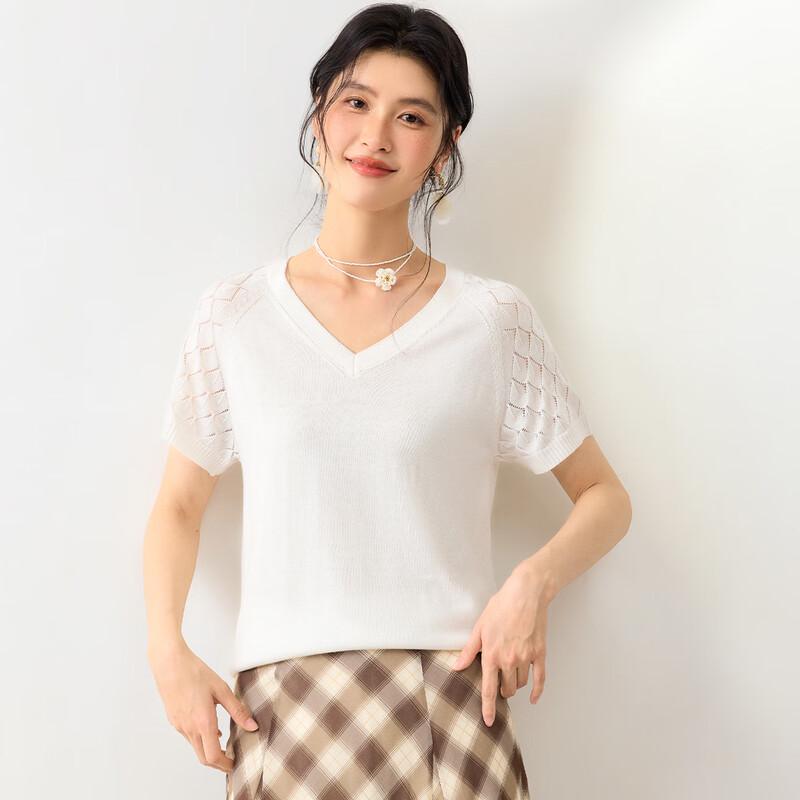 Women s Silk Blend Hollow-Out Sweetheart V-Neck Knit Top L