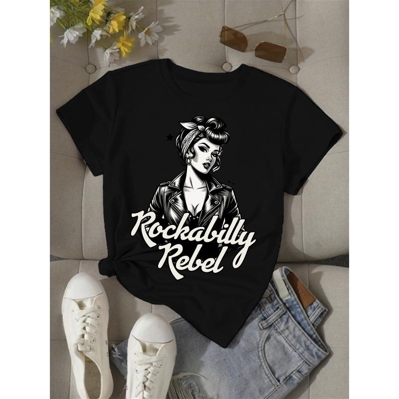 European Size Women'S Retro Rockabilly Graphic T-Shirt - Vintage-Inspired Casual Sporty Tee with Bold "Rockabilly Rebel" Print, Soft Stretch Fabric