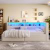 Tagesbett, Schlafsofa, 90 × 200 cm, USB + Typ-C Anschlüsse, Hydraulischer Stauraum, Staufächer, Mehrfarbige LED-Streifenbeleuchtung, Ohne Matratze, Leinen, Beige
