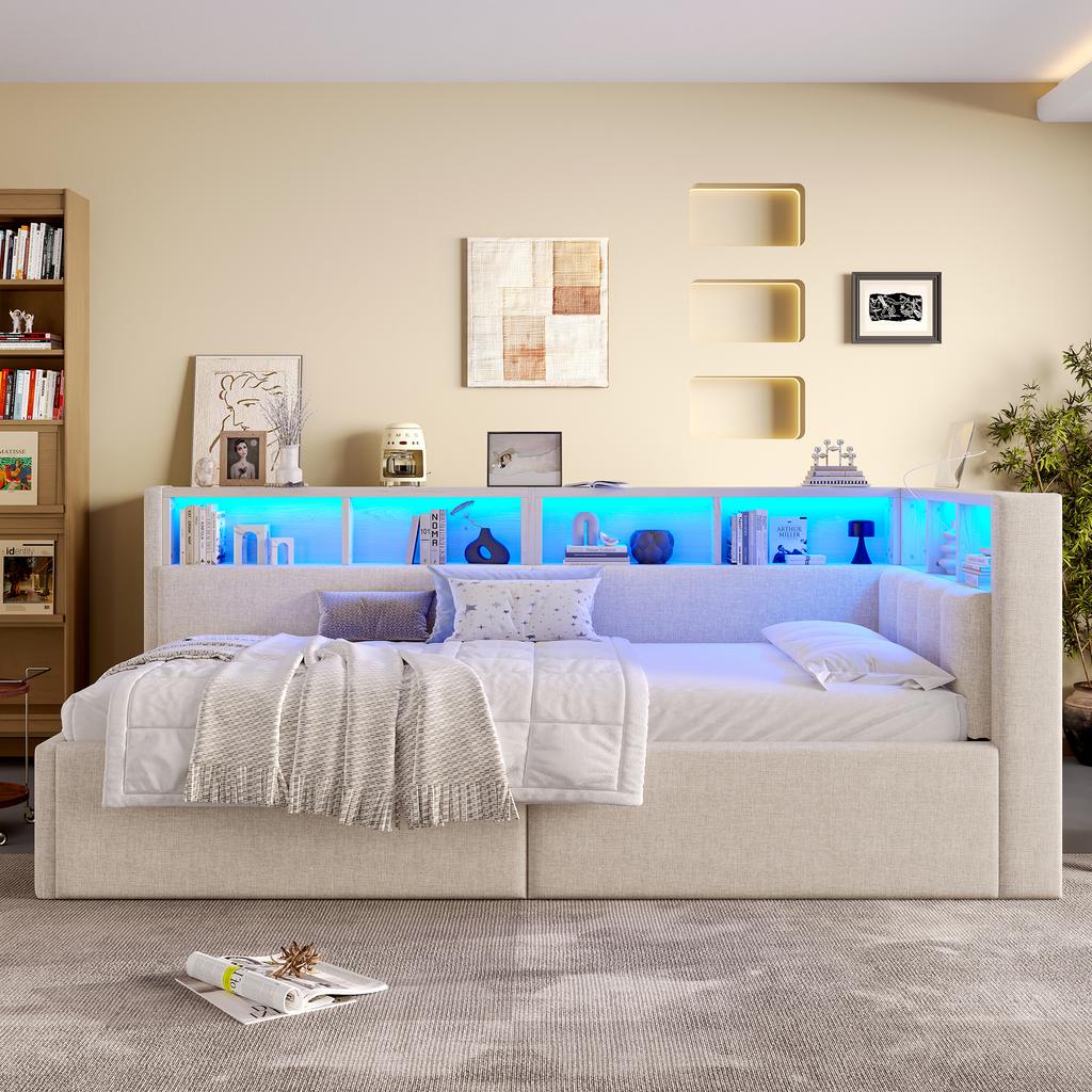 Tagesbett, Schlafsofa, 90 × 200 cm, USB + Typ-C Anschlüsse, Hydraulischer Stauraum, Staufächer, Mehrfarbige LED-Streifenbeleuchtung, Ohne Matratze, Leinen, Beige