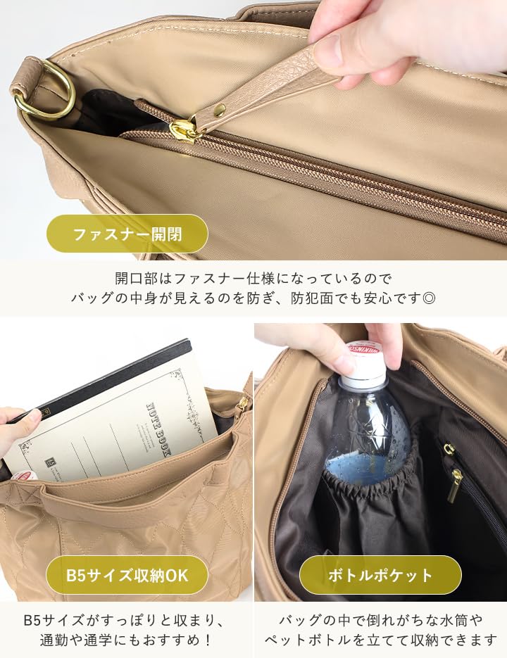 Lizdays Nylon Tote Shoulder Crossbody for Commuting Bag, Lightweight, Quilted, Bag, Bag, 2-Way, (Beige)