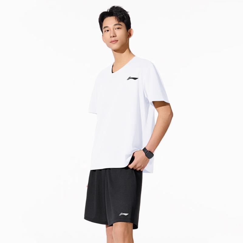 Seria Tenisa Stołowego Li Ning Jednokolorowy T-shirt z dekoltem w serek Oddychający z krótkim rękawem Szorty ze średnim stanem Zestaw sportowy casualowy Zestawy unisex AATV055-2