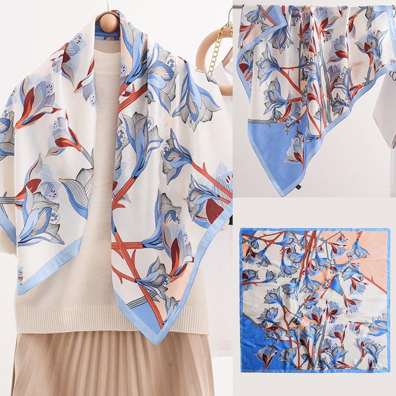 Foulard Stampati Primavera ed Estate, Foulard Quadrati 90 Fiore di Tè, Foulard da Donna Protezione Solare, Foulard, Accessori