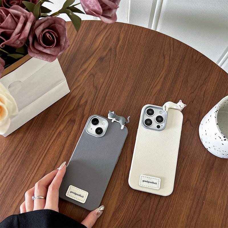 Cute Kitten Mobile Phone Case Is Suitable For Iphone17Promax Silicone Tpu Imitation Leather Apple 15 Thin Anti-Drop.