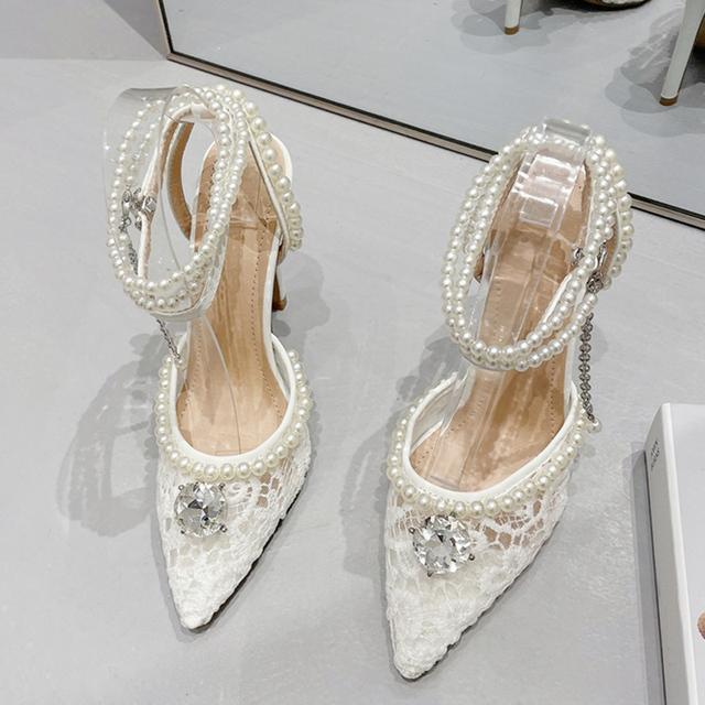 

Стильные сетчатые женские туфли-лодочки с острым носком и блестящими кристаллами, сексуальные свадебные туфли на высоком каблуке с ремешком на щиколотке и вечеринкой для выпускного вечера 40 белый