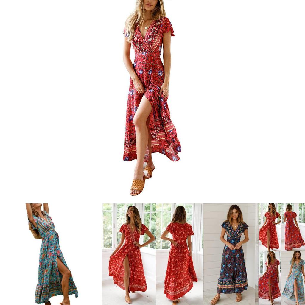 Elegant Women Wrap Summer Boho Floral Short Sleeve Maxi Print Dress For Holidays