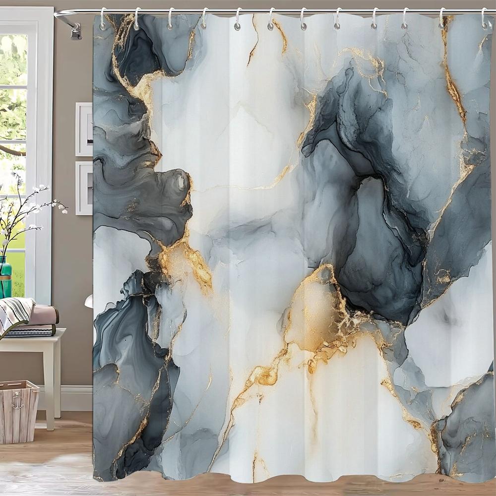Abstract Marble Pattern Shower Curtain, Geometric Printed Bathroom Decorative Shower Curtain, Fabric Home Curtain with Hooks