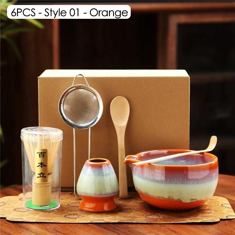 6PCS Matcha Tea Set Ceramic Matcha Bowl Bamboo Whisk Scoop Teaspoon Sifter Vintage Song Dynasty Tea Ceremony Kit