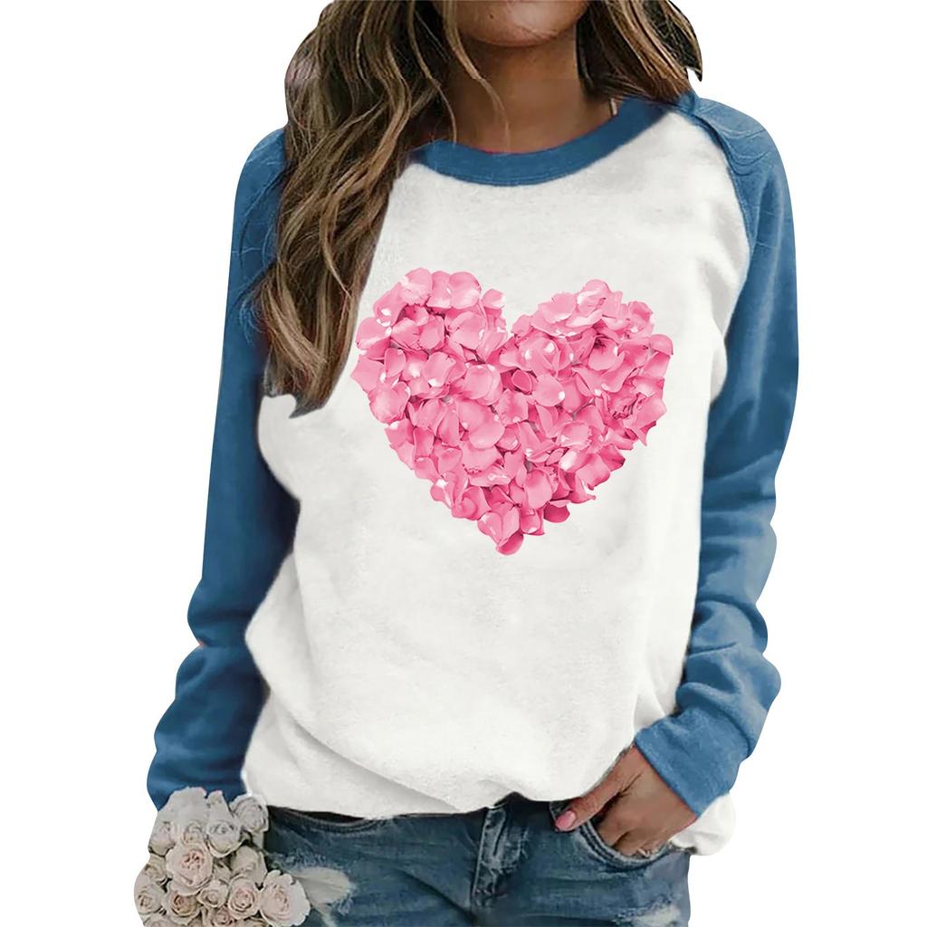 Ladies Casual Valentine's Day Print Round Neck Color Block Long Sleeve Pullover