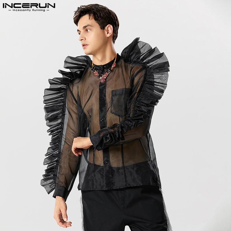 INCERUN Mesh Black Men See Through Long Sleeves Party Shirts