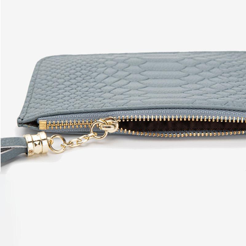 Women First Layer Cowhide Leather Short Coin Purse with Zipper and Ring Key - Mini Thin and Snake