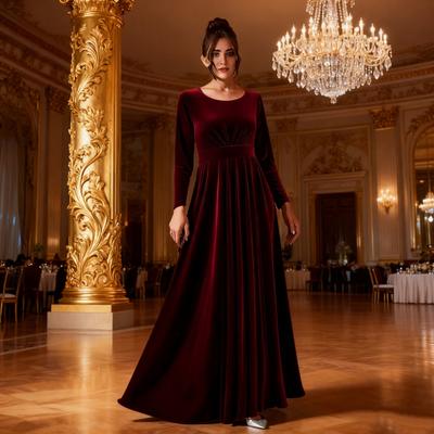 Women's Velvet Maxi Dres Casual Crew Neck Long Sleeve A-Line Swing Dress Fall Cocktail Party Formal Dress for Wedding Guest