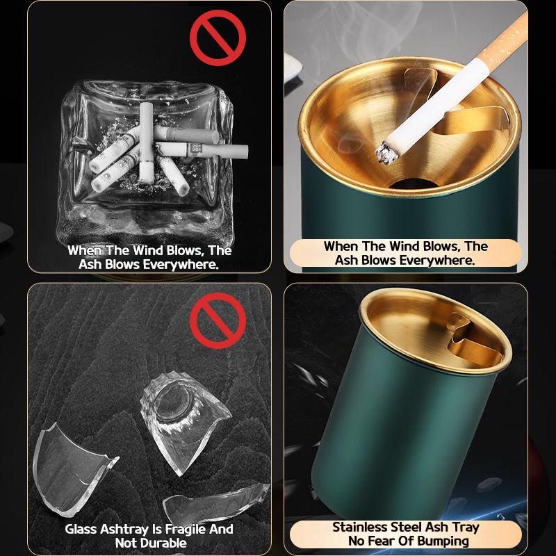 Thickened Stainless Steel Ashtray Household Car Use Anti-Fly Ash Anti-Drop Ashtray Funnel with Lid for Coffee Bar Internet Use