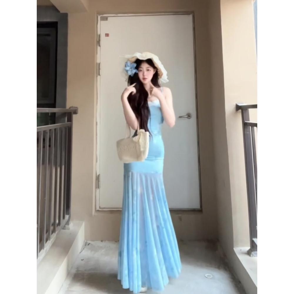 Seaside Vacation Wind Blue Lace Splicing Floral Suspender Dress Gentle Temperament Waist Hip Fish Tail Skirt Summer