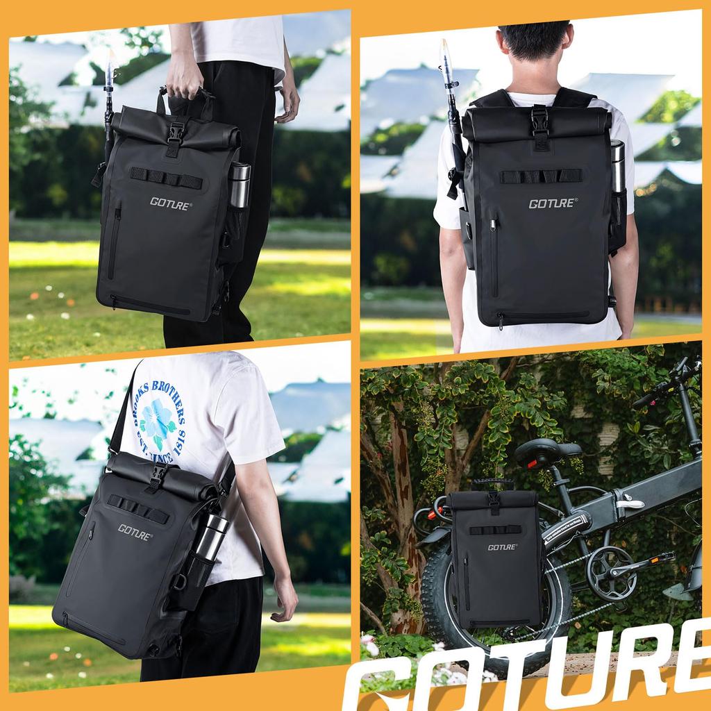 Goture 25L Bicycle Side Bag Fully for and Touring with Shoulder Drum Touring Seat and Outdoor Black (IPX4, Waterproof) Fishing, Cycling, Touring,