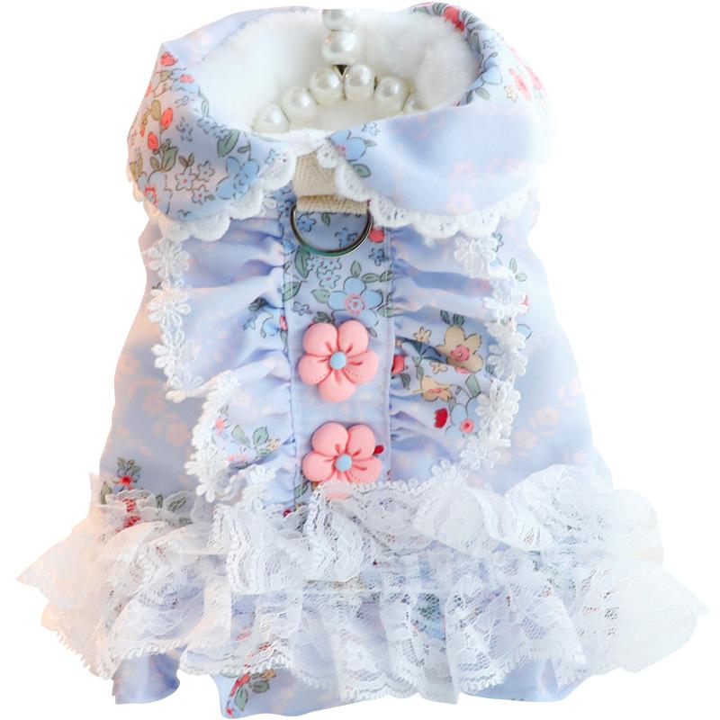 Hundekleidung Herbst- und Winterkleidung Dickes Katzen-Prinzessinnenkleid Baumwollmantel Blumenspitze Kleiner Hund Haustierbedarf