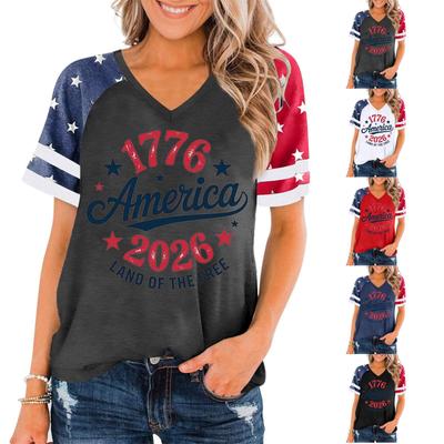 T-shirt Pull Col en V Manches Courtes pour Femme Décontracté Coupe Ample Imprimé Patriotique Haut Jour de l'Indépendance