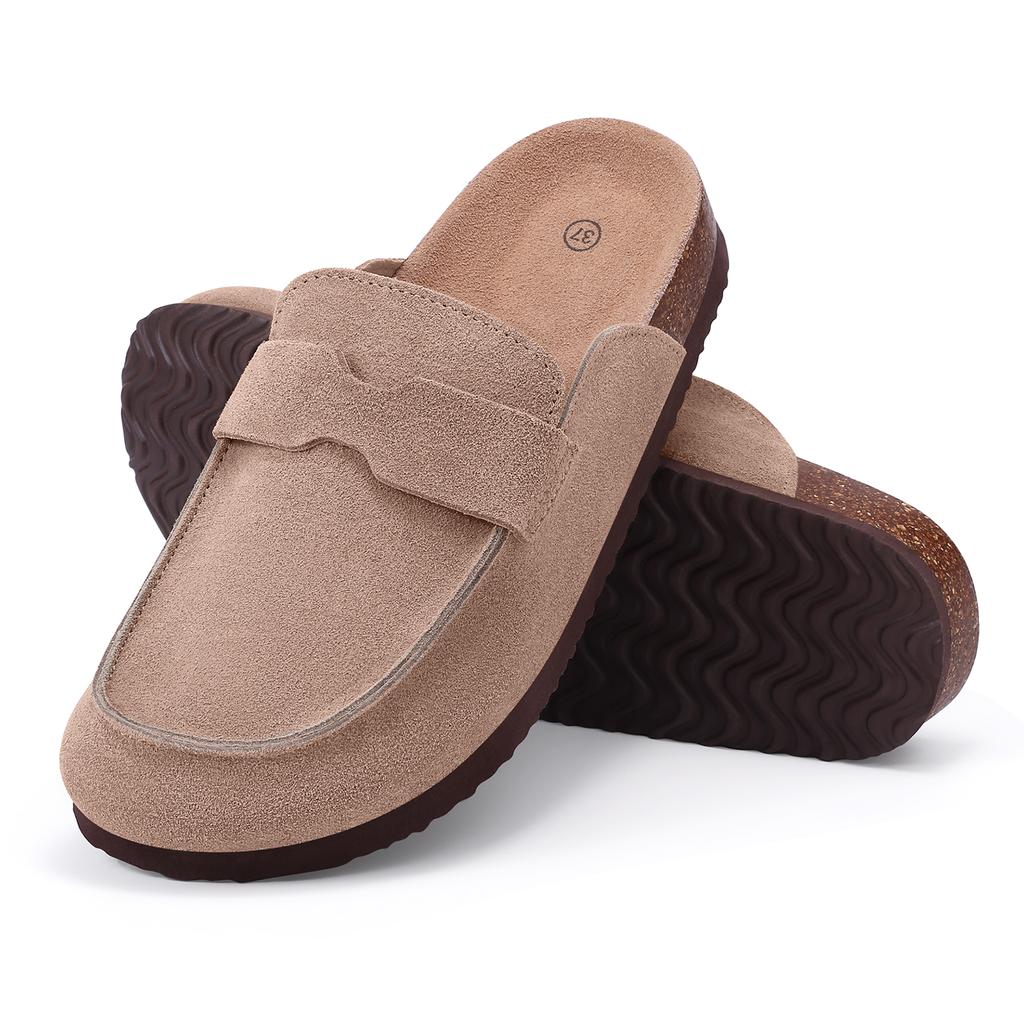 Fashion Smile Women's Leather Mules Slippers Suede Clogs With Adjustable Strap Cork Footbed Unisex Outdoor Comfortable Potato Shoes