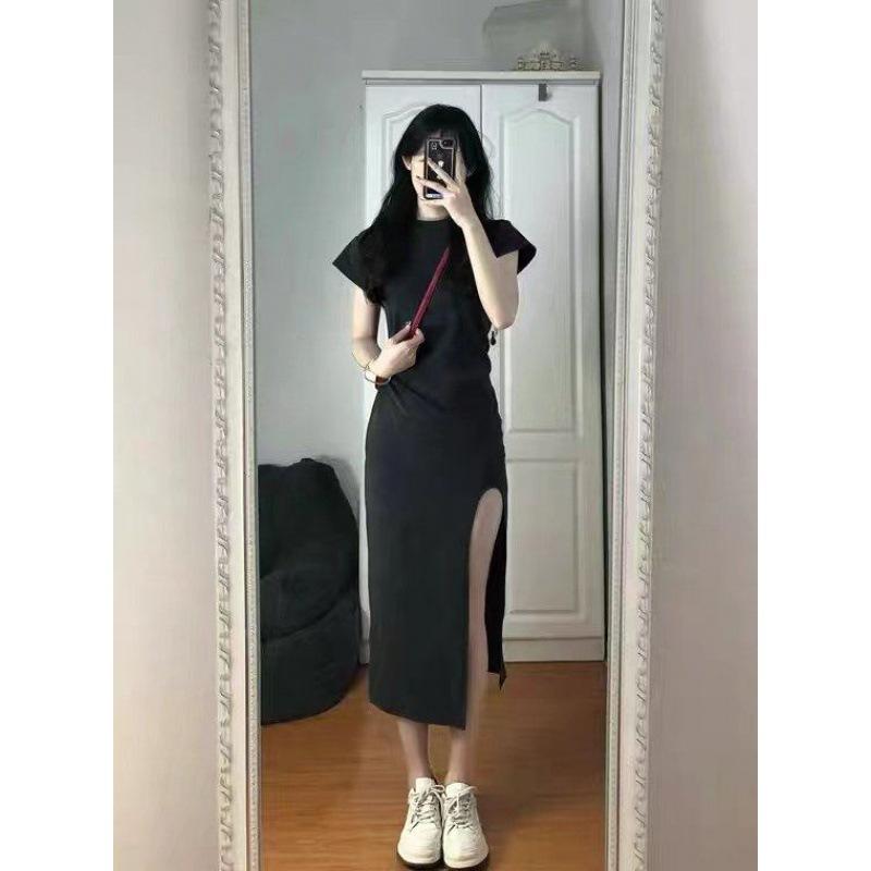 

Waist Split and Thin Dress Women s Summer New Temperament Long Skirt S темно-серого