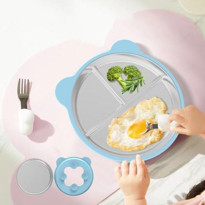 Plato de Comida con Ventosa Forma de Oso Acero Inoxidable 304 3 Compartimentos Plato para Alimentación Infantil a Prueba de Caídas Anti-vuelco Bol para Snacks Fruta