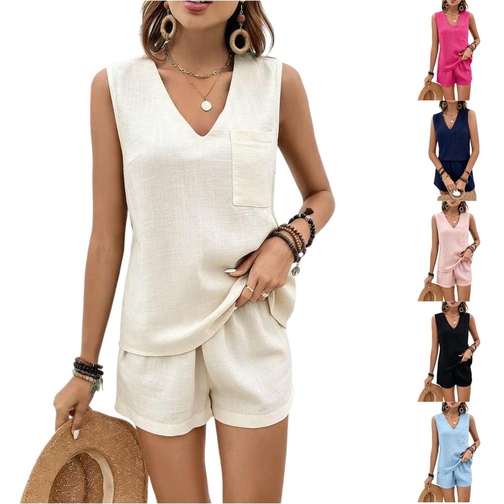Fashion Women's Loose Sleeveless Spring And Summer V-neck Casual Color Shorts Set