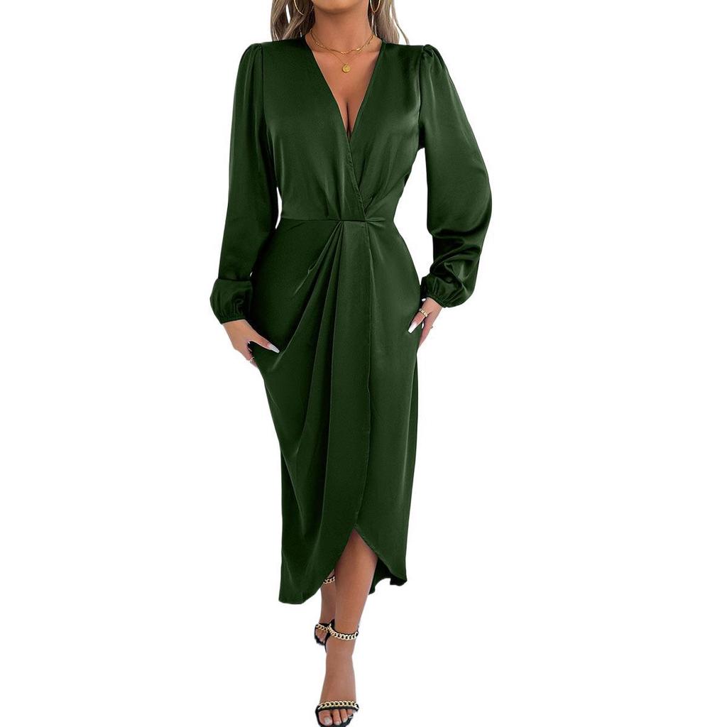 Damen Rostorange Satin V-Ausschnitt Puffärmel Wickel verdrehte Taille Schlitz Midi-Kleid