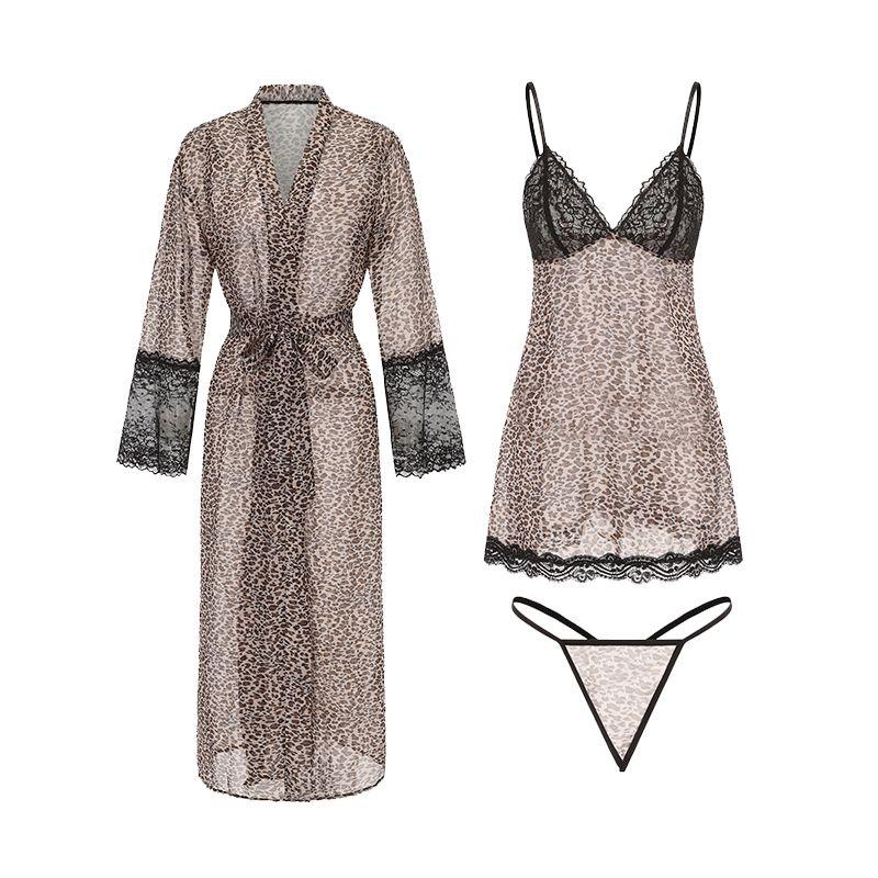 

Good Morning with You: Sexy Adult Lady like Woman Leopard Print Slip Nightdress Mesh See-through Lace Pajamas Two-piece Set Atmosphere Autumn Leopard print (nightgown + robe) 170 (XL)