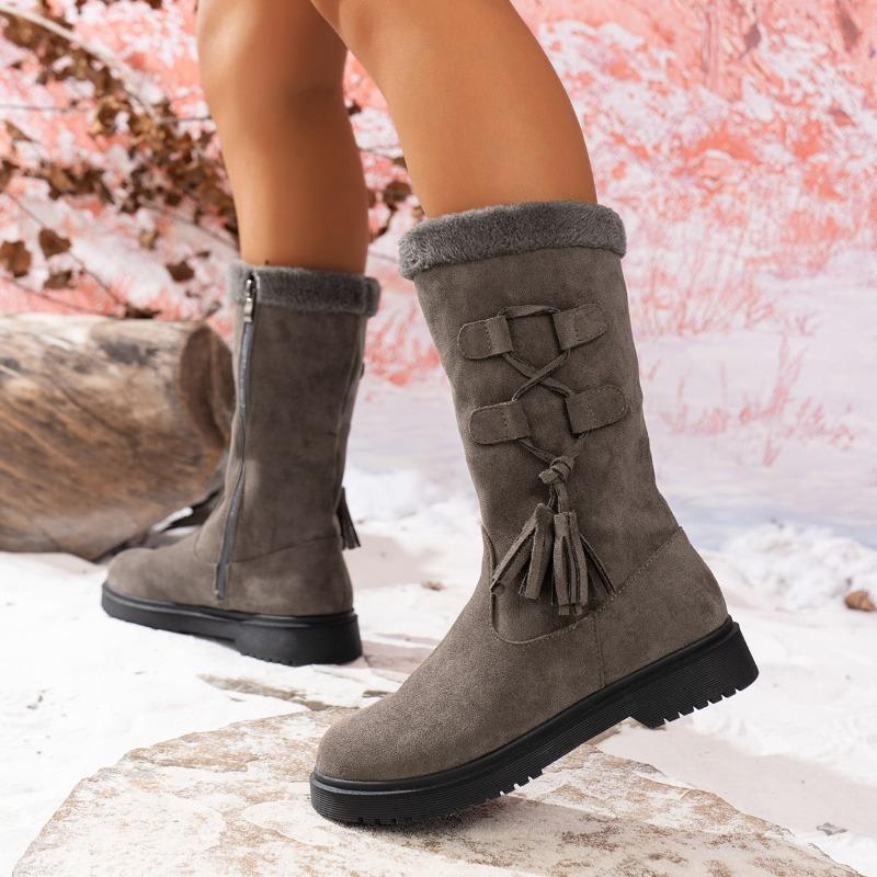 Botas Femininas de Largura Larga de Cano Médio, Botins de Tornozelo com Zíper e Detalhe de Franjas, Botins Casuais de Inverno de Salto Quadrado para Mulheres