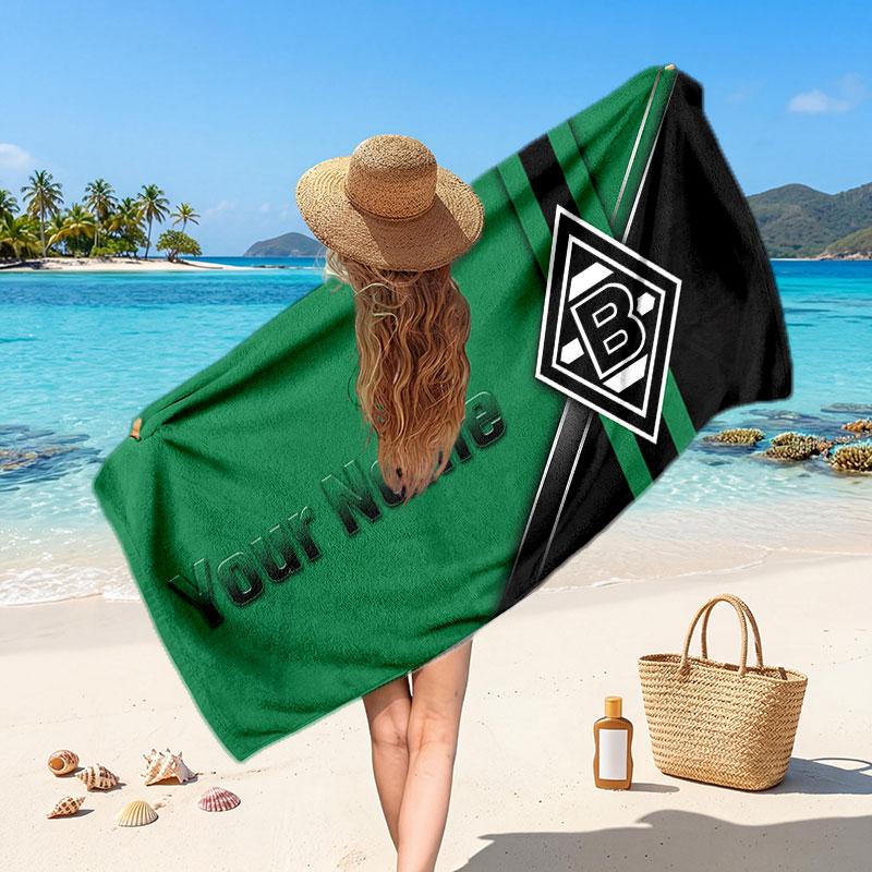 Borussia Mönchengladbach Benutzerdefiniertes Strandtuch, Personalisierter Name Textdruck, Fußballlogo Weiches Schnelltrocknendes Handtuch Urlaubsgeschenk
