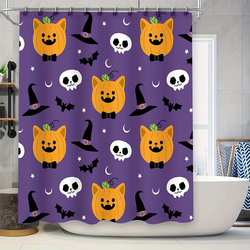 Spooky Halloween Shower Curtain with Pumpkin SkullsDecorate Your Bathroom for Fall Festivities 90x180cm