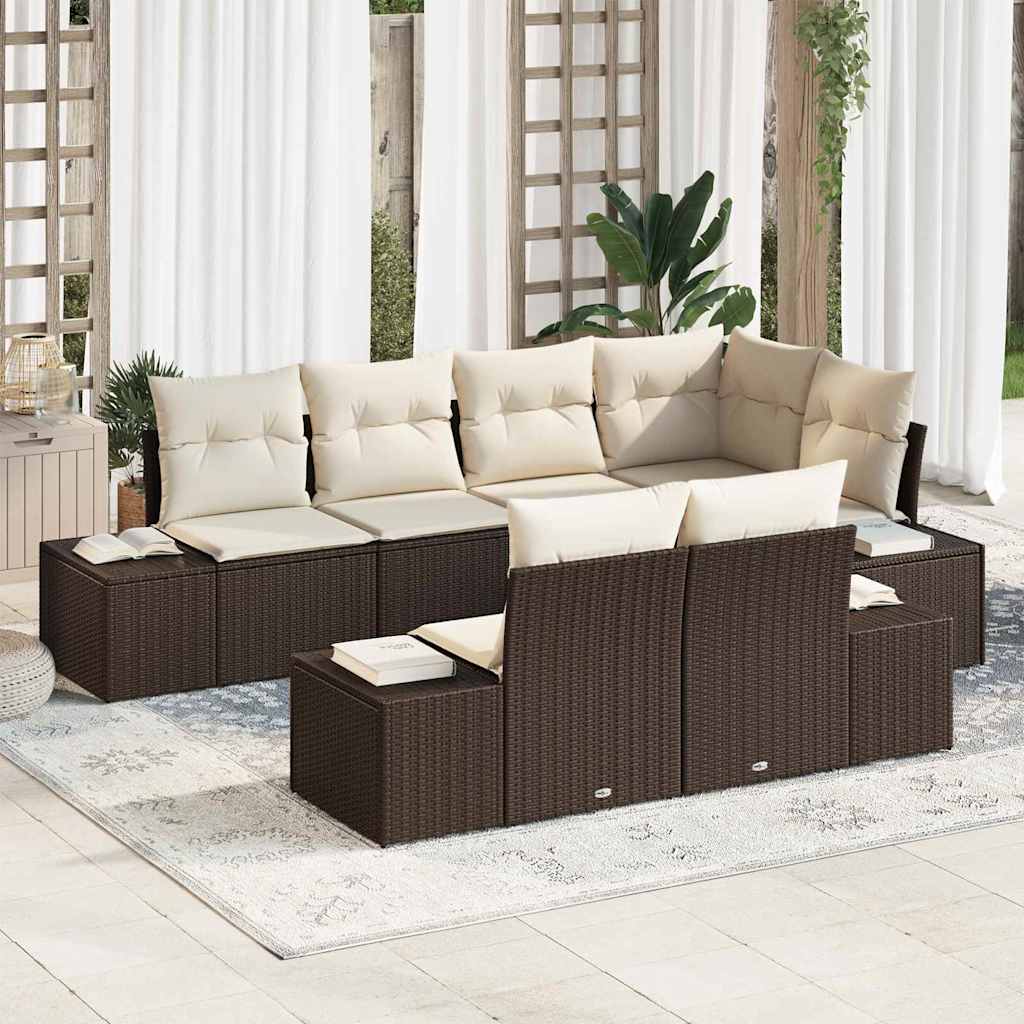 7 Piece Garden Sofa Set with Cushions Brown and Cream Poly Rattan
