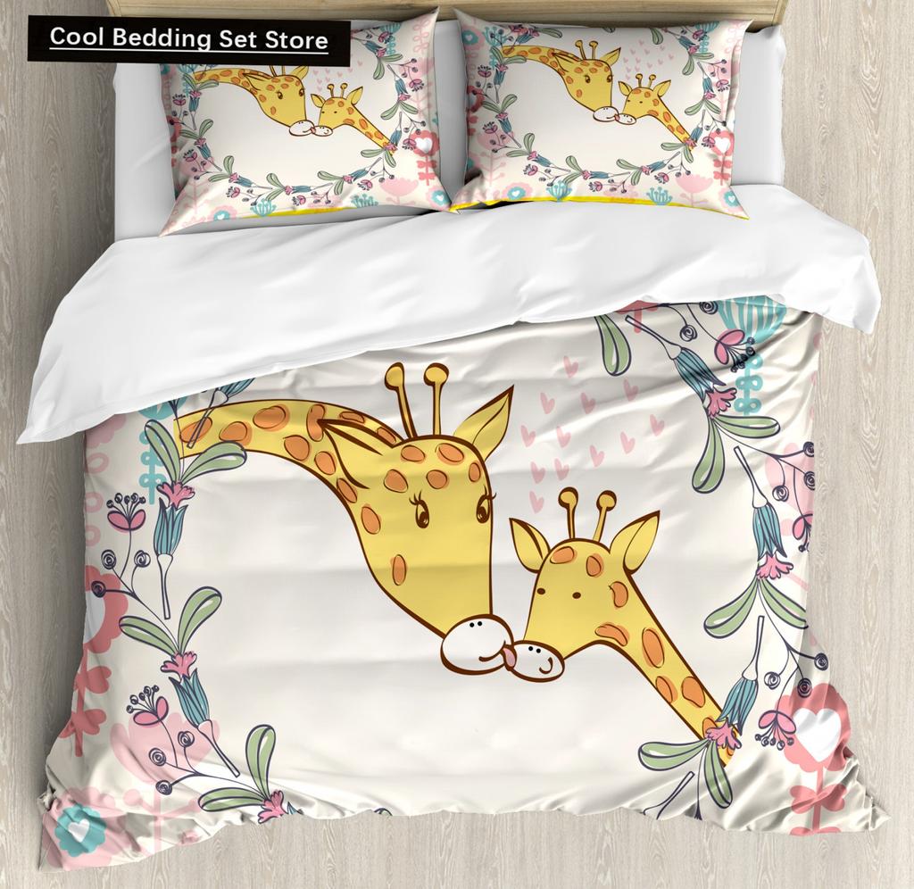 Federa per piumino a forma di giraffa cartone animato King Queen Animali Tropicali Set Biancheria da letto per Bambini Ragazzi Ragazze Adorabile Fauna Selvatica Poliestere Copripiumino