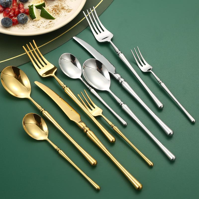304 stainless steel cutlery set: knife, fork, spoon, steak knife, and coffee spoon.