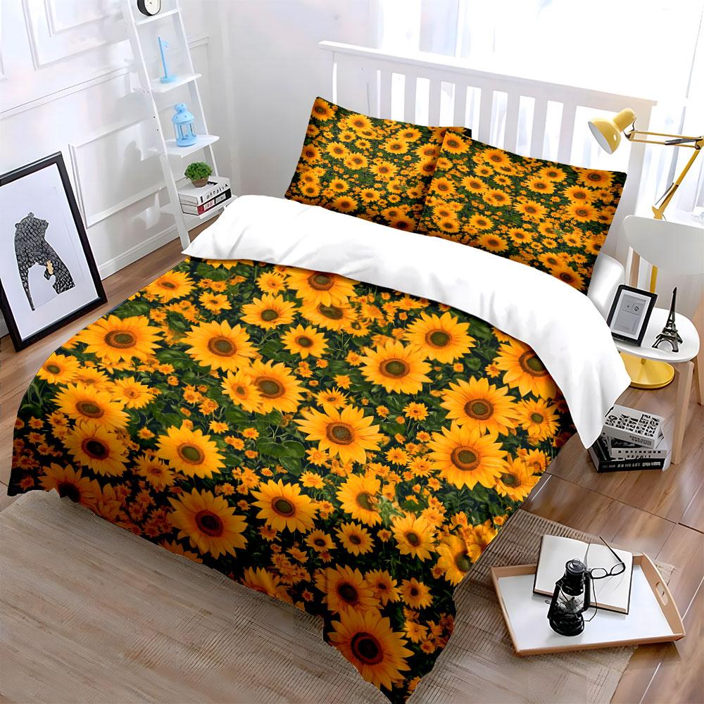 Sunflower Pattern Home Decor Set Bedding Set with 1 Duvet Cover 2 Pillowcases Single Double King Queen, Gift