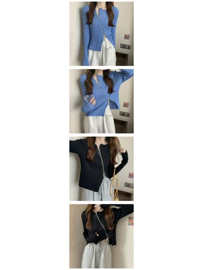 2025 Spring & Fall Women's Slim Fit Zipper Cardigan - Long Sleeve, Irregular Knit Top