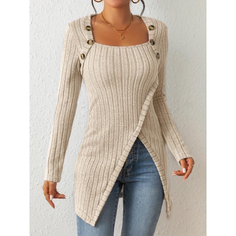 Button Embellished Asymmetric Hem T-Shirt, Casual Ribbed Long Sleeve Top, Spring Autumn, Women's