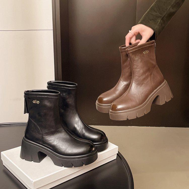 Dadong fashion boots women's shoes 2025 winter new casual thick heel rear zipper high heel round head Martin boots women