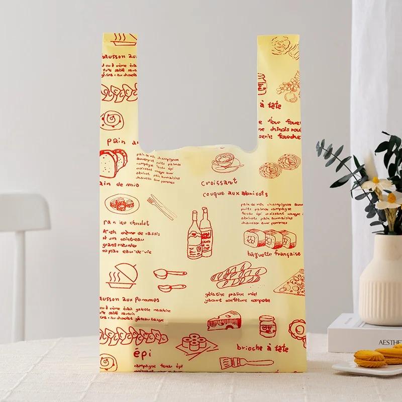 50pcs Disposable Peach Fruit Pattern Hand Bag Packaged Flower Takeaway Bags Snack Double Ear Plastic Vest Handle Shopping Pouch