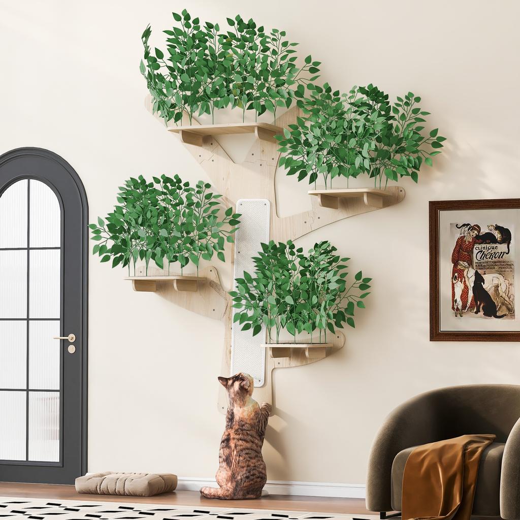 Wall-Mounted Scratching Tree In Tree Shape Made of Solid Pine Wood, with Scratching Surface & Platforms, Decorative & Stable, 155×210 Cm