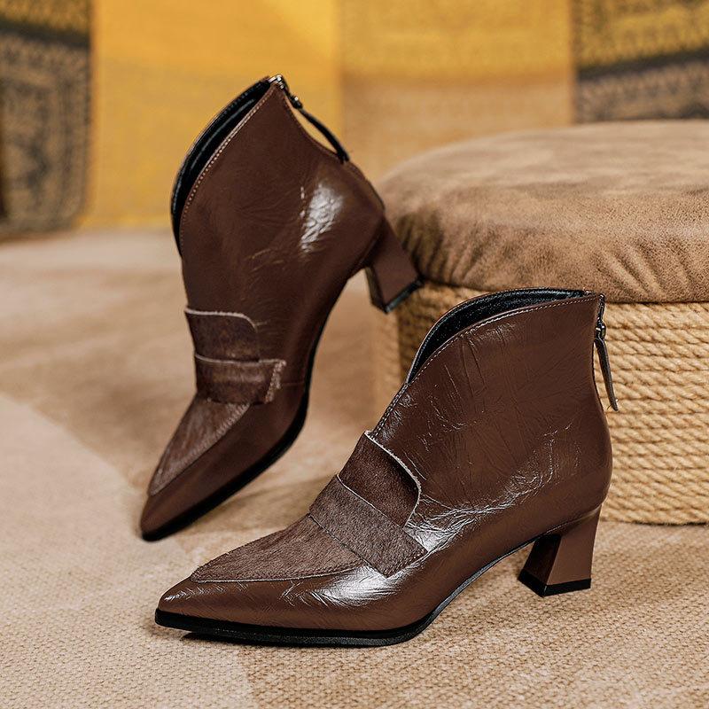 French Pointed Short Boots V-mouth Retro Leather Horsehair Splicing High-heeled Short Leather Boots Thick-heeled High-top Velvet Women's Shoes