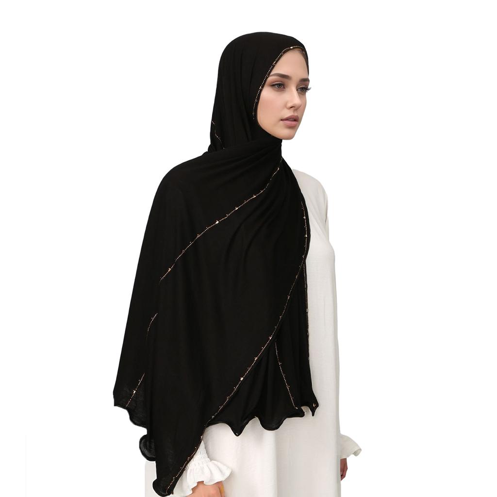 Muslim Jersey Hijab Scarf With Beads Rhinestones Shimmer Headscarf Women Premium Jersey Shawl Luxury Design Turban Plain Wraps