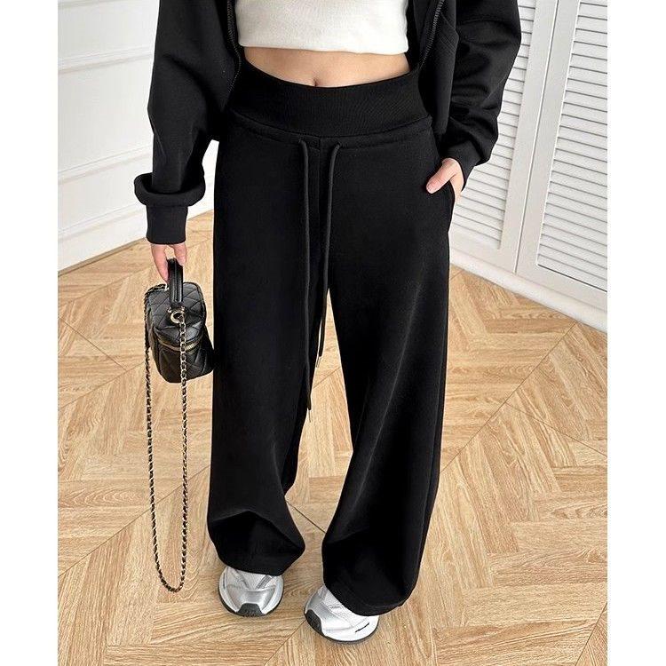 Women's High-Waisted Wide-Leg Fleece-Lined Sweatpants: Autumn/Spring Slimming, Loose, Casual American Style with Drawstring.