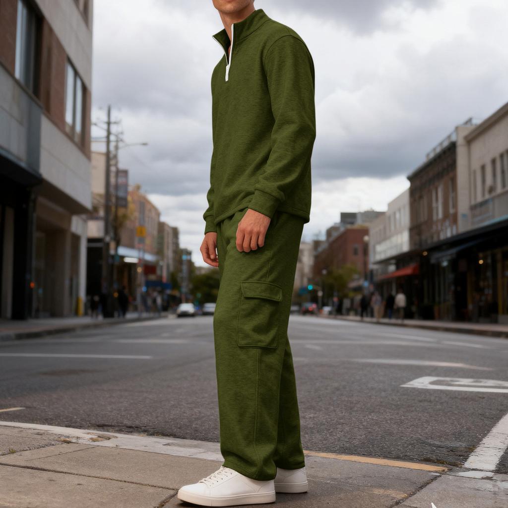 Men's Classic Casual Outdoor Activewear Set | Fleece Solid Color Quarter-Zip Stand-Collar Hoodie & Elastic-Waist Cargo Pants 2-Piece Outfit