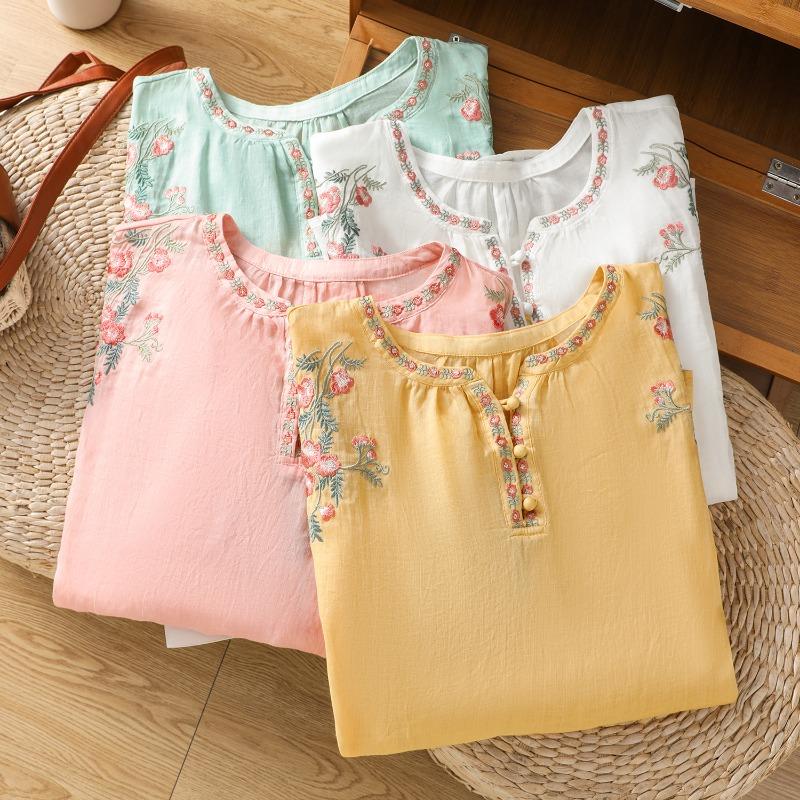 Chinese Style Women's Clothing Blouses Vintage Embroidered Shirts Loose Summer Clothing Short Sleeved Cotton Linen Women