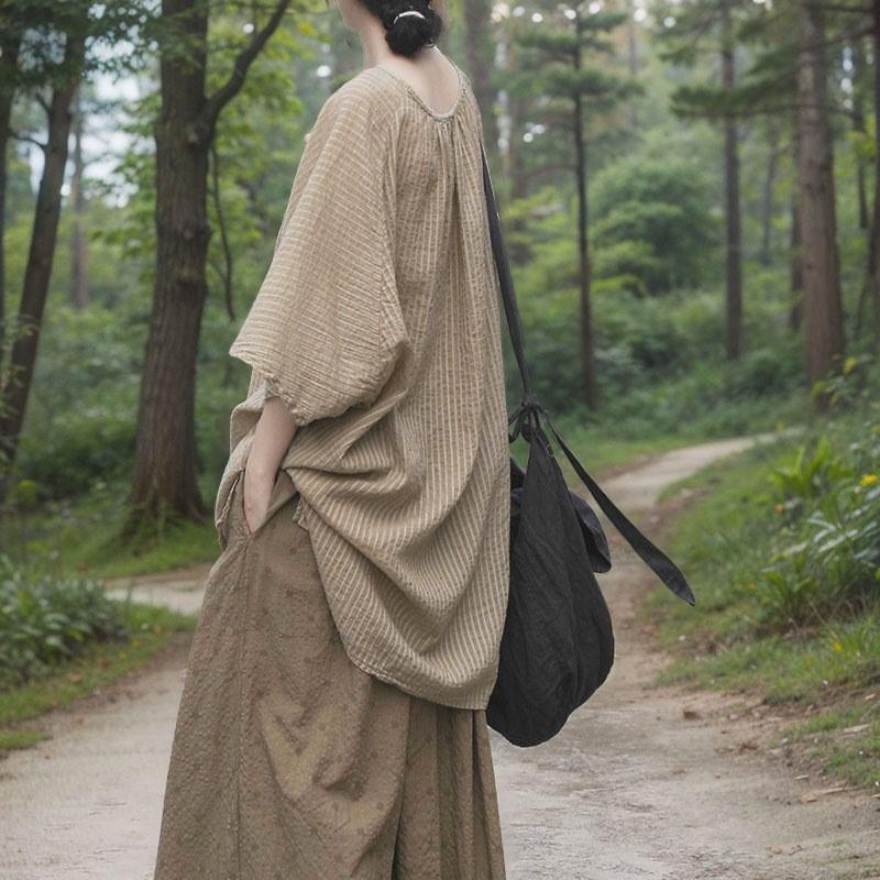 Johnature Women Vintage Bat Sleeve T-Shirts Striped Summer O-Neck Loose Soft Female T-Shirts