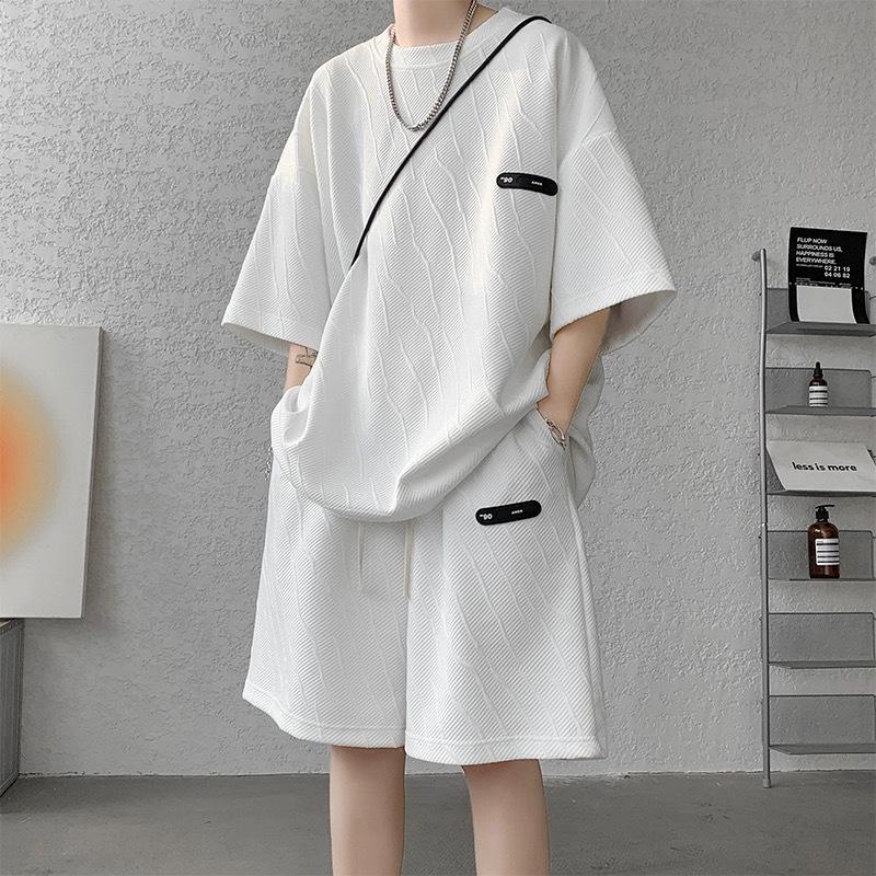 Autumn Waffle Sets Men's Casual T-Shirts + Shorts Set Male Sports Basketball Suit Tracksuit Loose Thicken Suits